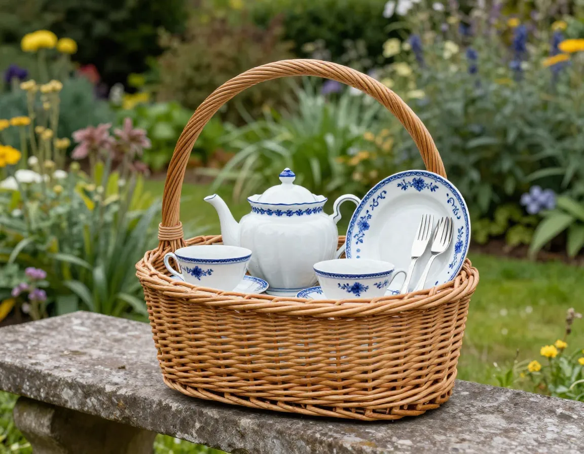 Classic english garden wicker basket with blue accent porcelain