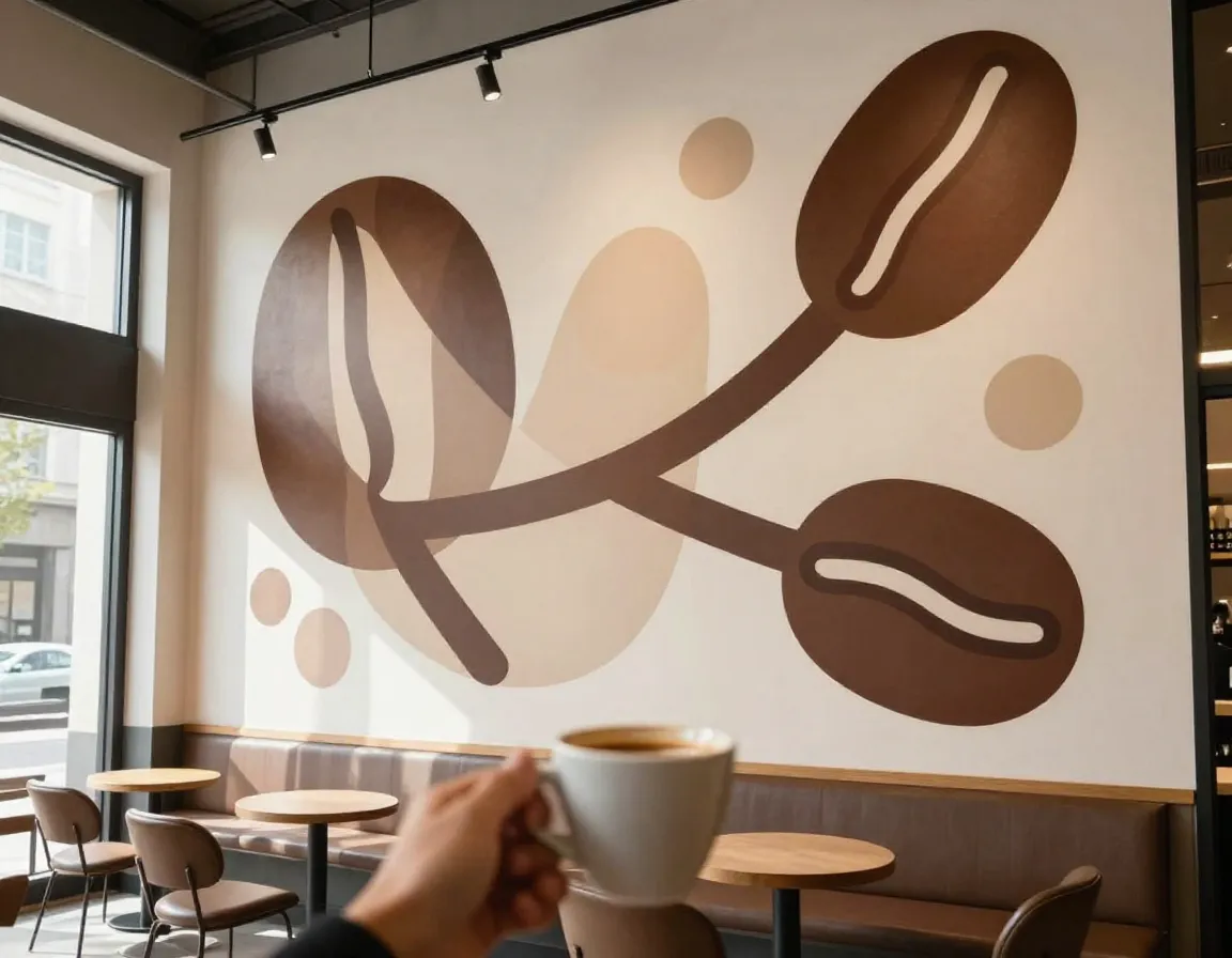 Coffee shop interior with large scale abstract coffee bean wall mural