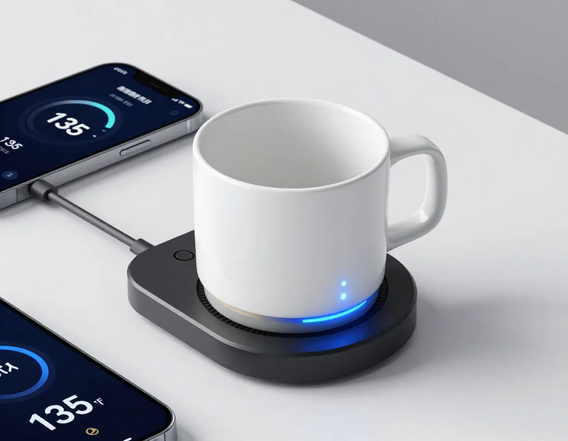 Smart temperature control ceramic mug on charging pad
