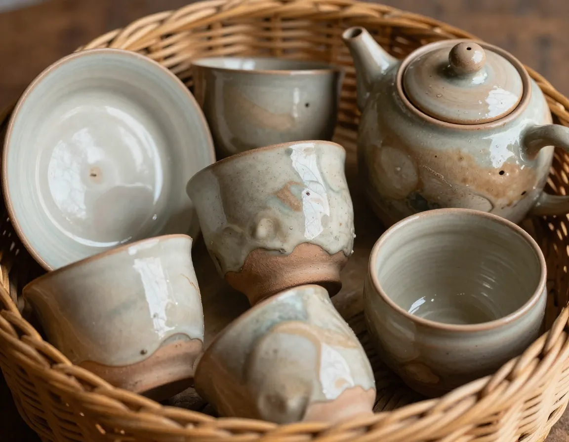 Artisan handcrafted ceramic tea collection in custom wicker basket