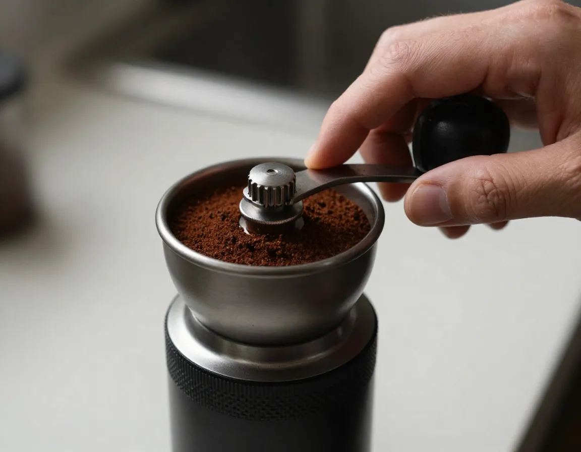 Hand adjusting burr grinder to a slightly finer coffee grind setting