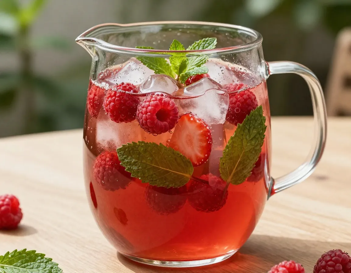 Iced red raspberry leaf tea with fresh berries in glass pitcher
