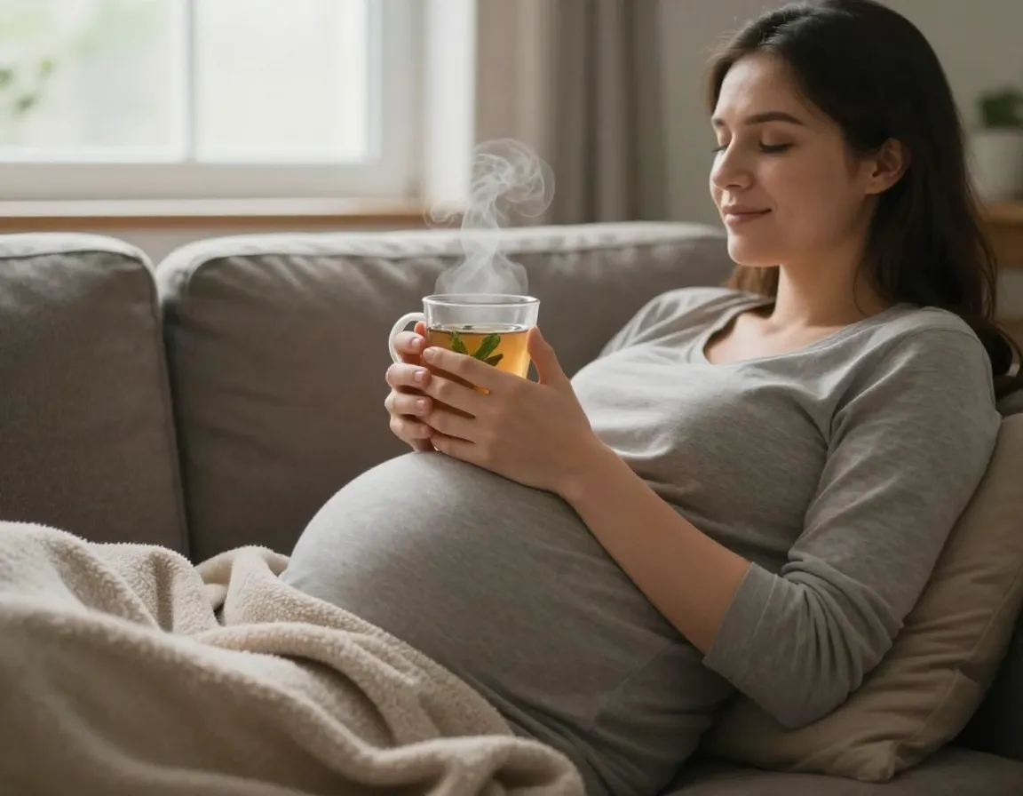 Pregnant woman relaxing with spearmint tea for nausea relief