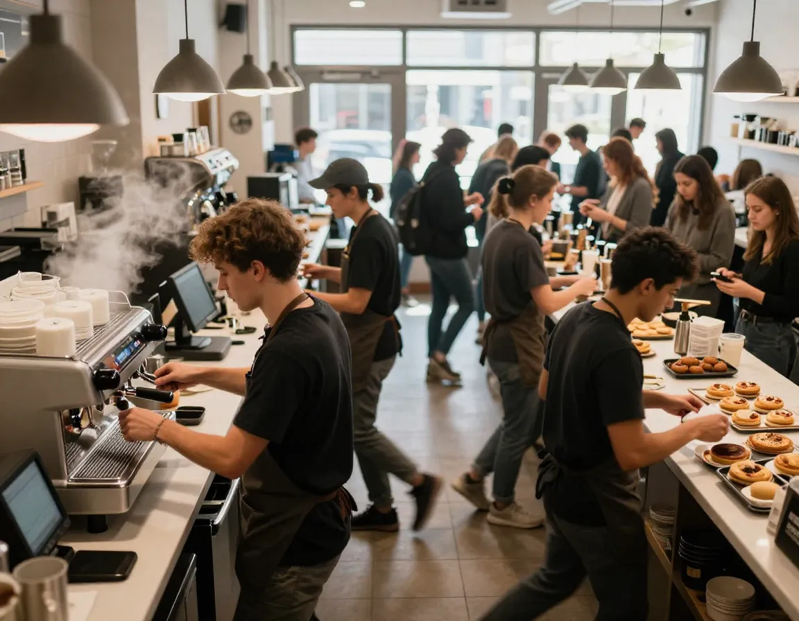 Team of three baristas work seamlessly together during a chaotic morning rush