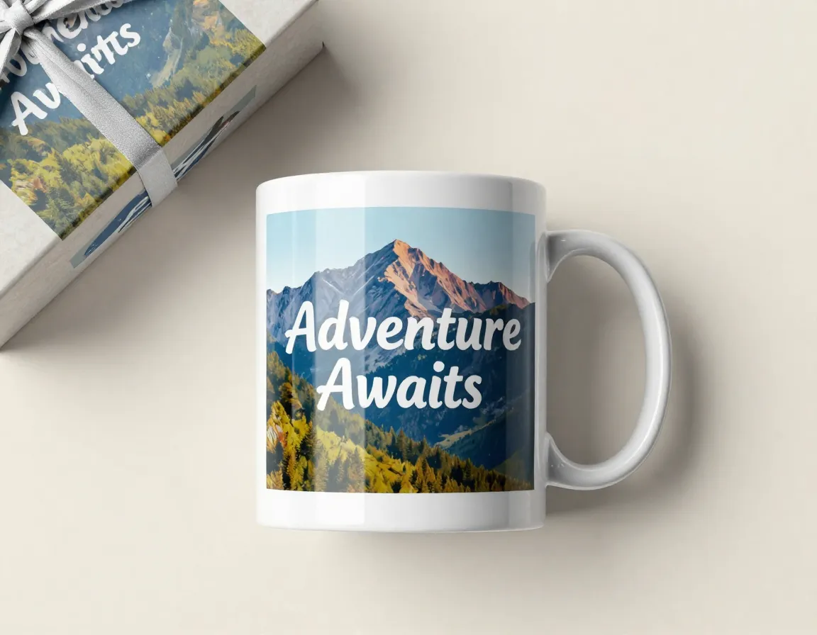Customized ceramic mug with printed design on desk