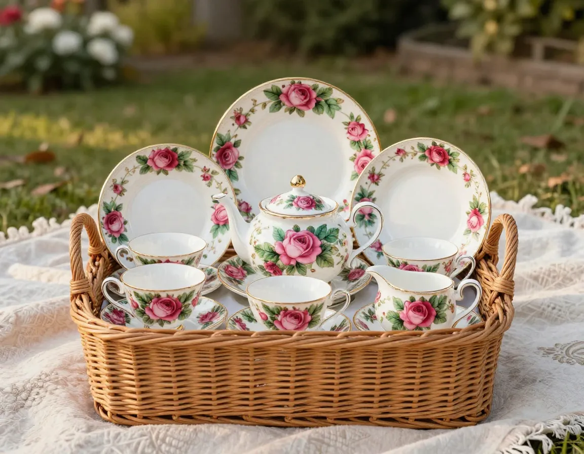 Vintage rose pattern deluxe tea set for four in large basket