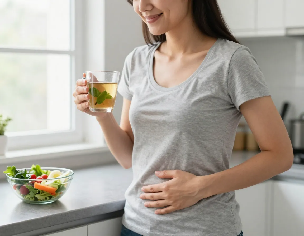 Woman feeling post meal comfort with spearmint tea against bloating