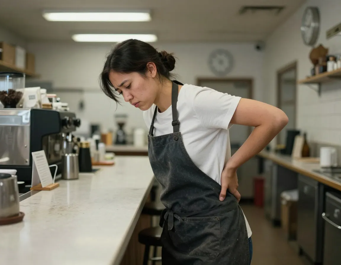 Barista leans against the counter hand on their lower back after a long shift