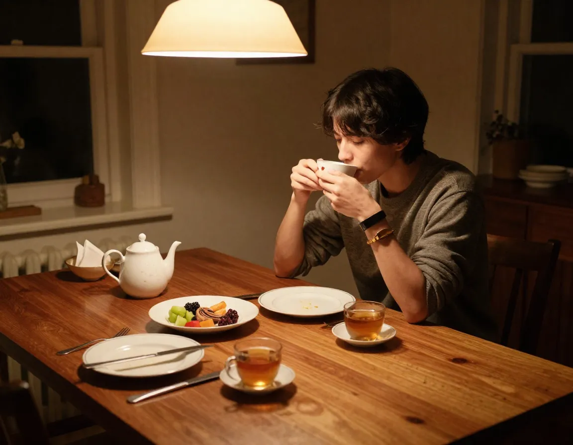 Person enjoying spearmint tea for digestion after evening meal