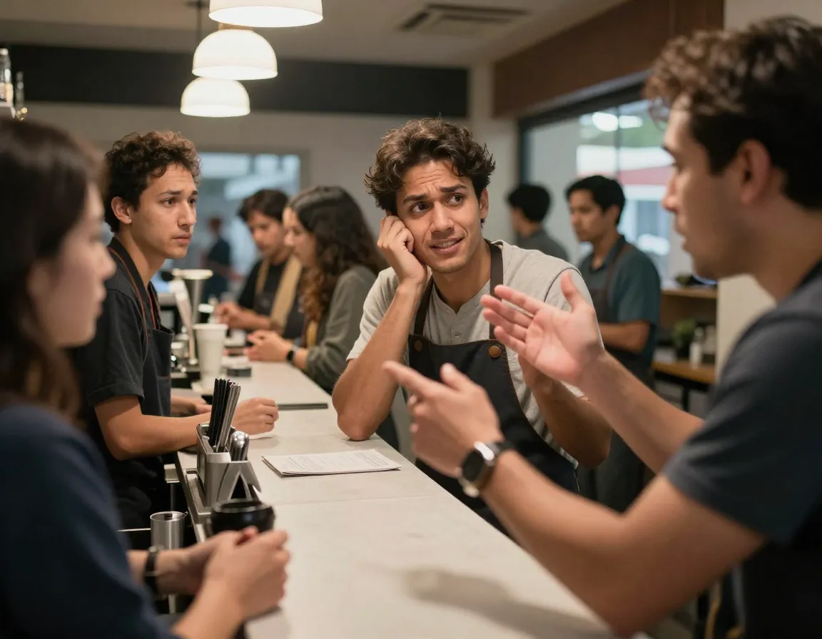 Frustrated barista maintains composure while dealing with an impatient gesturing customer