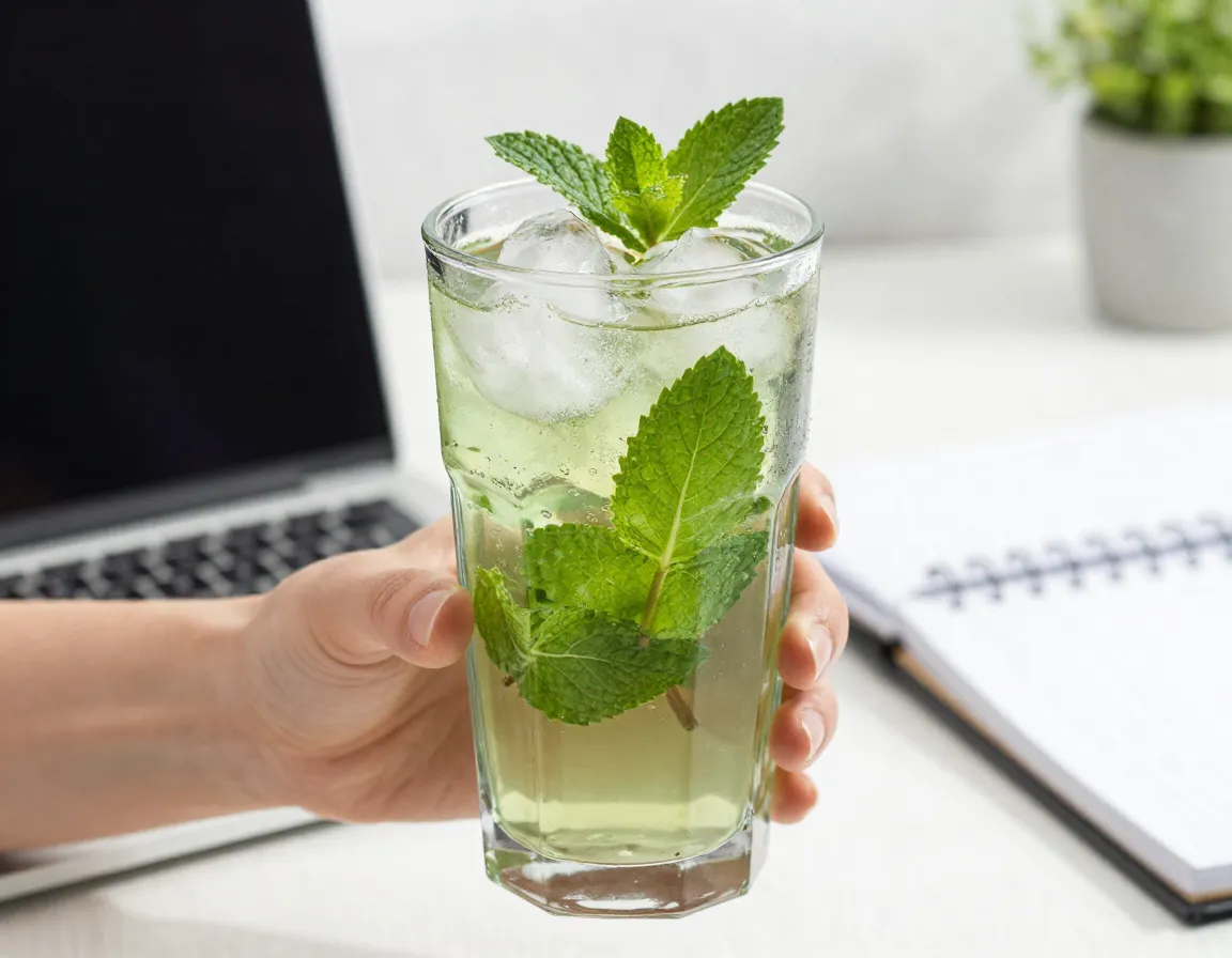 Hydrating with iced spearmint tea during caffeine free daytime work