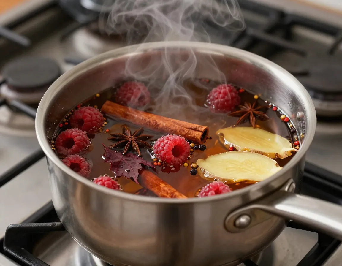 Immune boosting red raspberry leaf chai with spices simmering