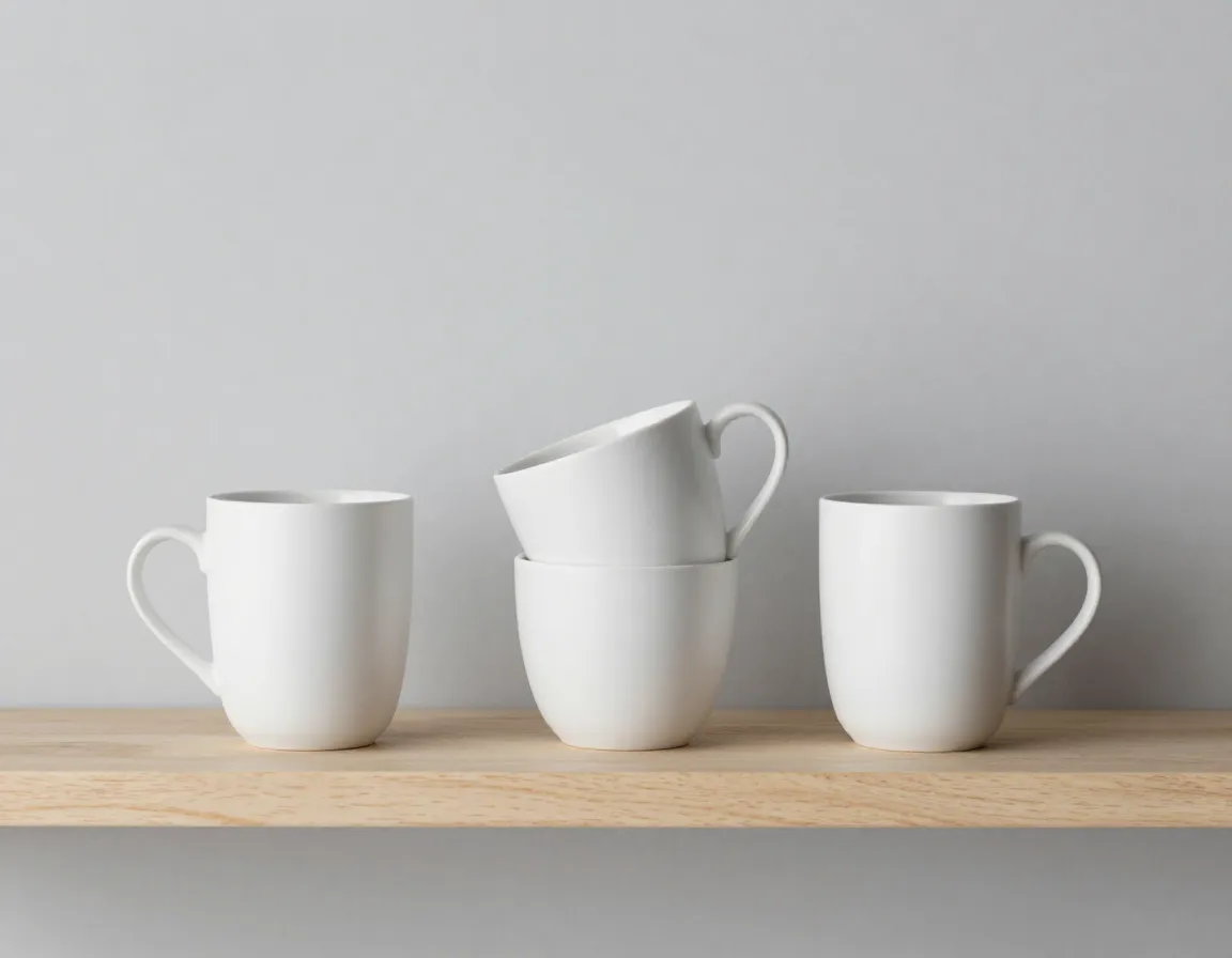 Stacked minimalist matte ceramic mugs on light shelf