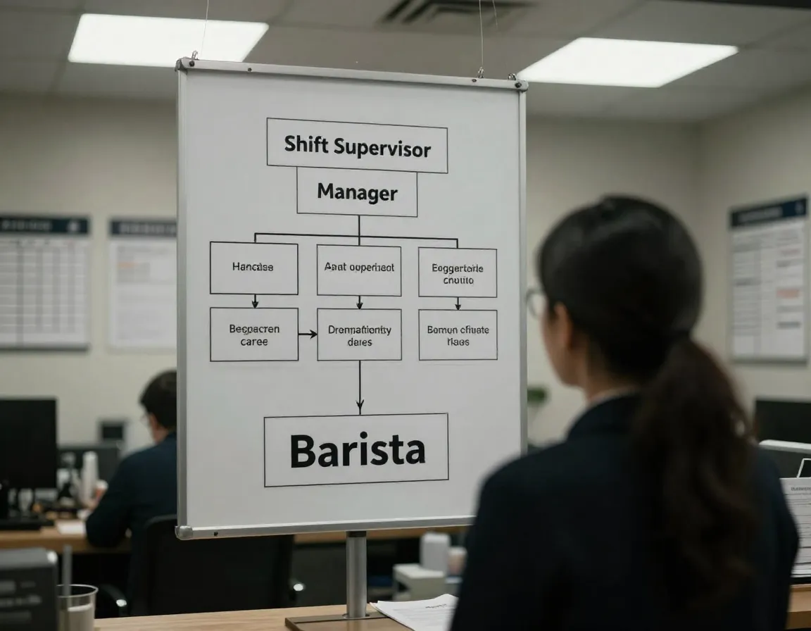 Barista looks at a flat organizational chart on a staff room bulletin board