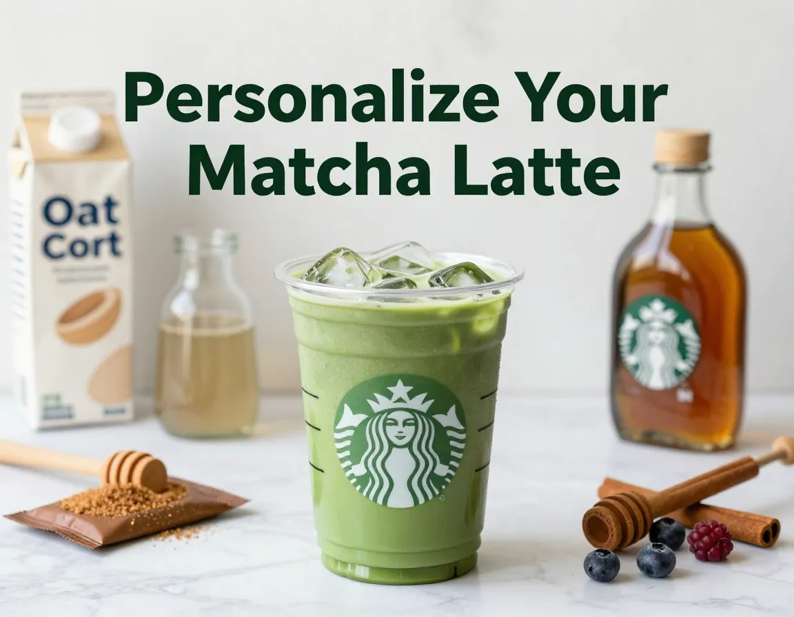 A top down flat lay of a customized iced matcha latte surrounded by ingredients