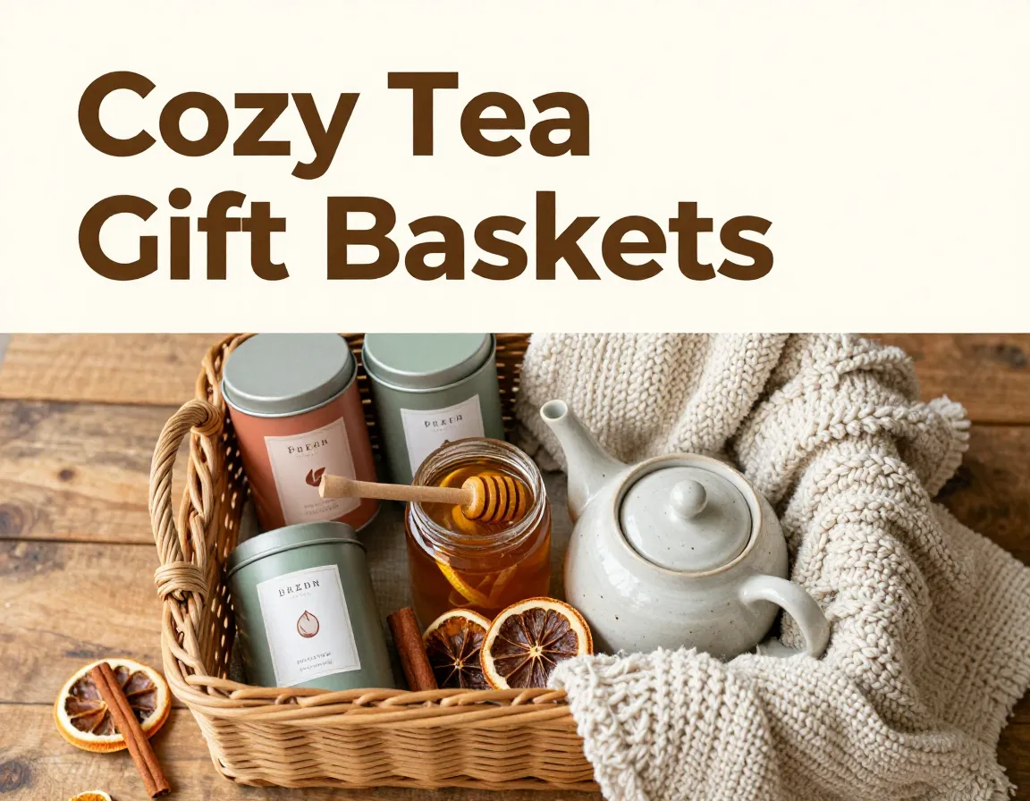 Cozy tea gift basket flat lay with accessories on wood