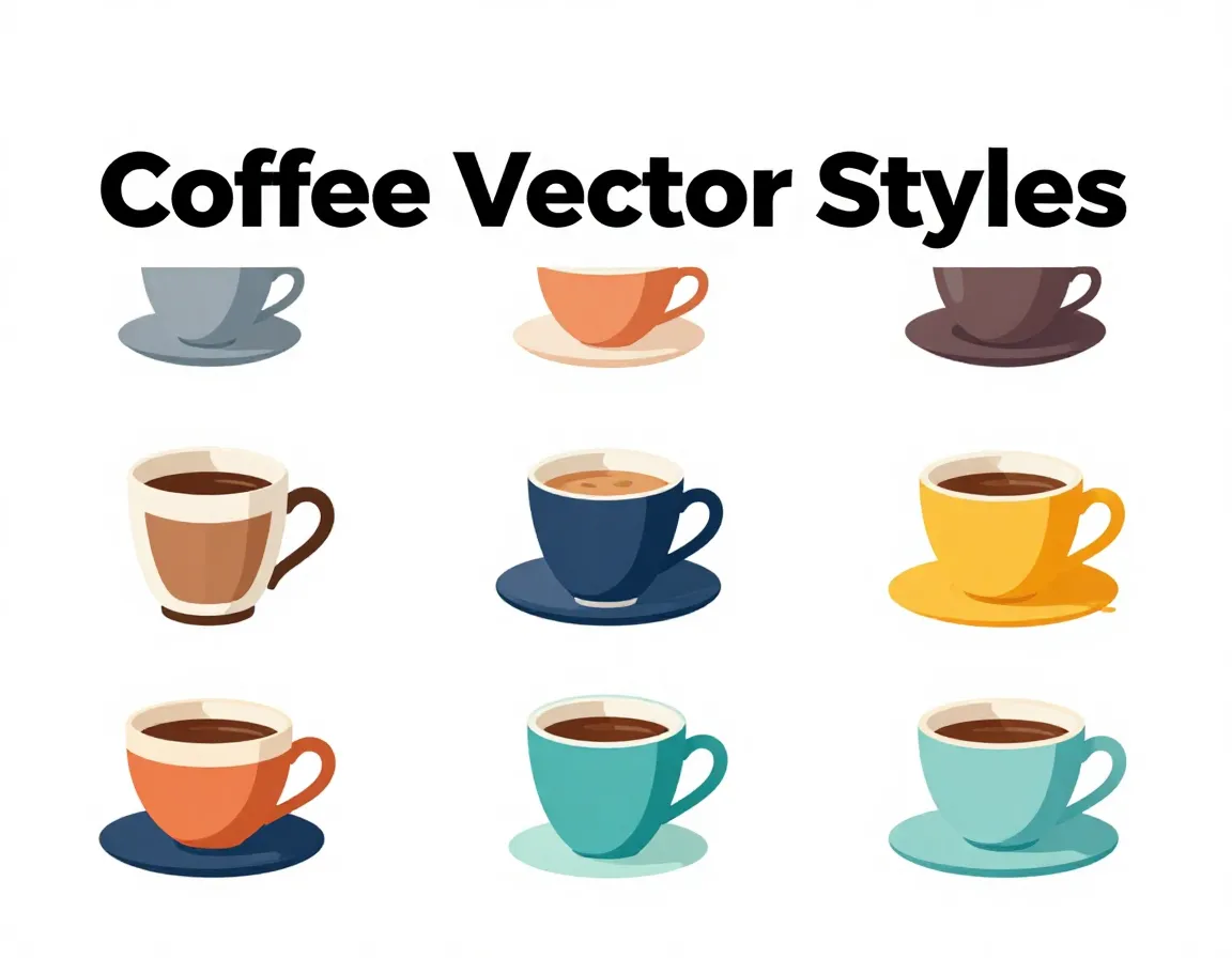 Nine coffee cups different vector styles flat lay grid