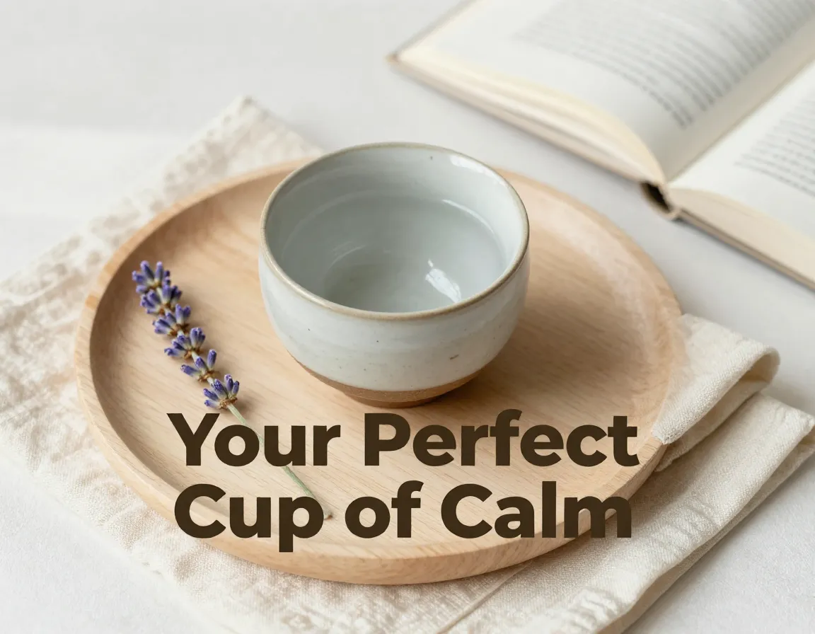 Single teacup wabi sabi wood tray lavender morning light flatlay