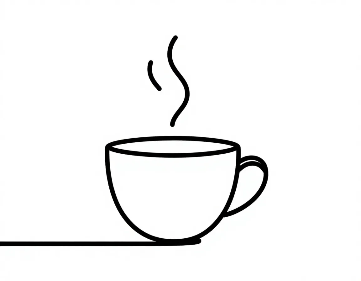Minimalist line art coffee cup and steam continuous line drawing