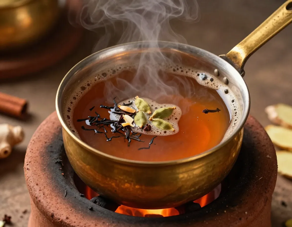 Traditional indian masala chai boiling in a brass pot on an earthen stove