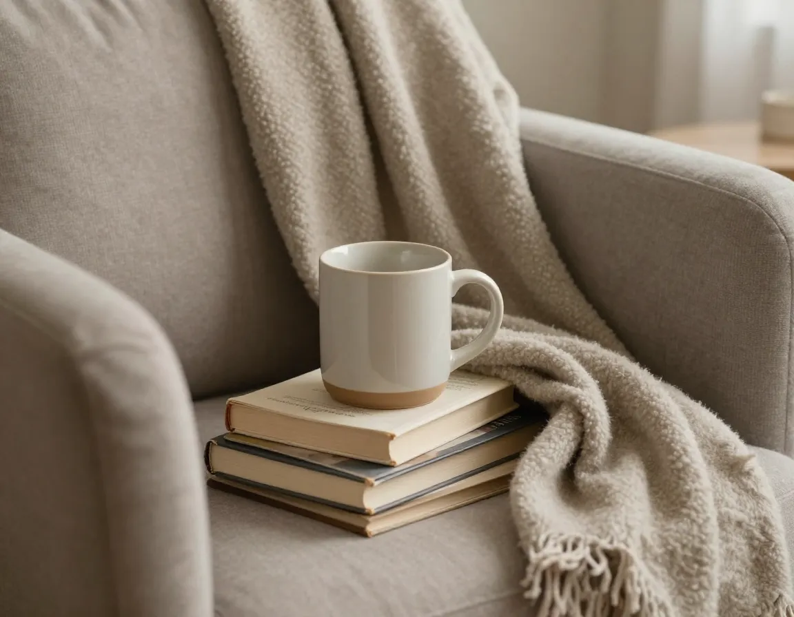 Cozy reading nook oversized mug with books and cashmere throw