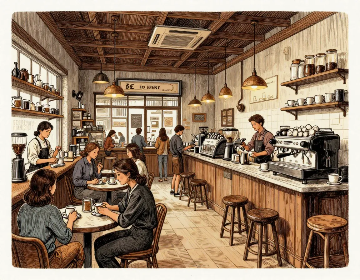 Detailed hand drawn bustling coffee shop interior illustration