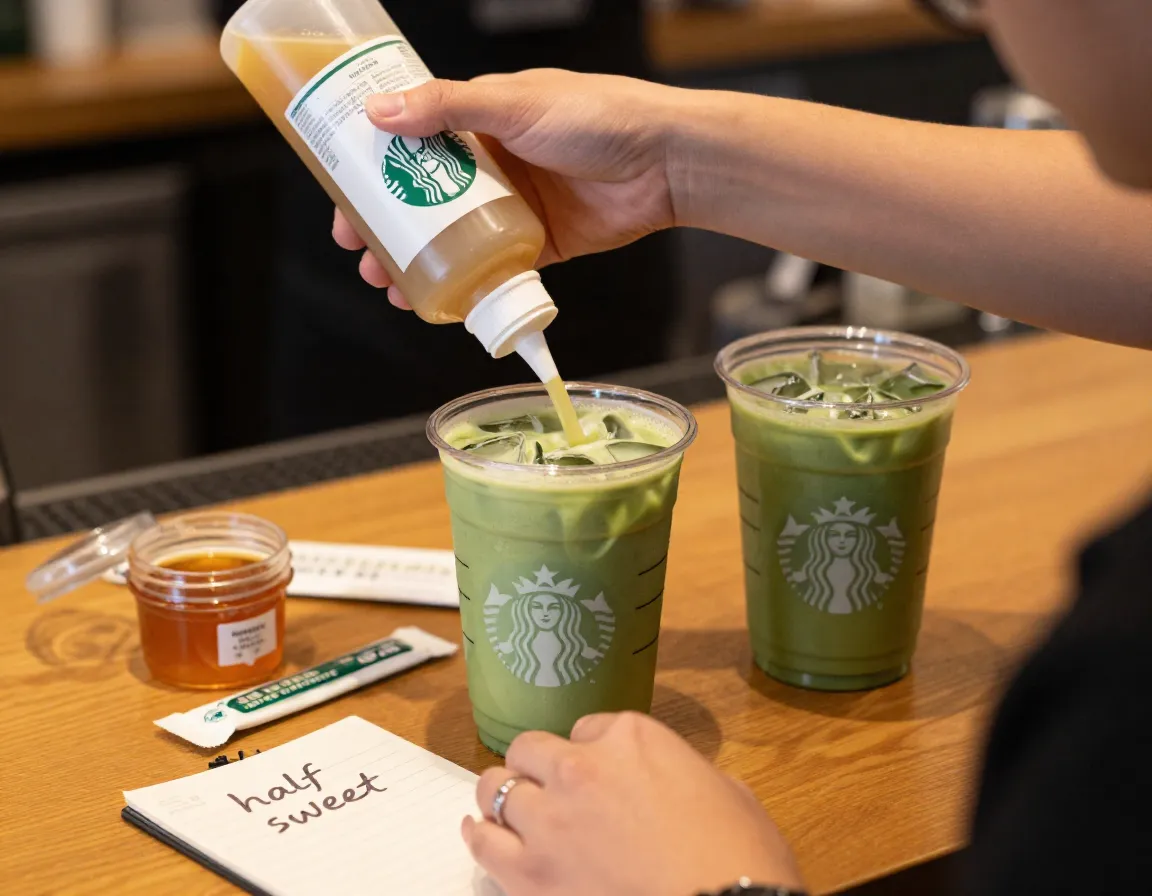 Half sweet matcha latte with honey and sugar free syrup