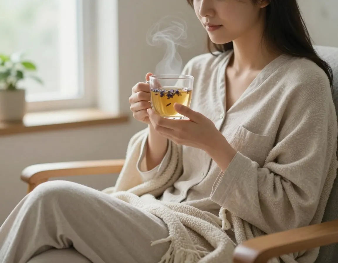 Person feeling calm drinking tea to reduce anxiety and stress in a cozy chair