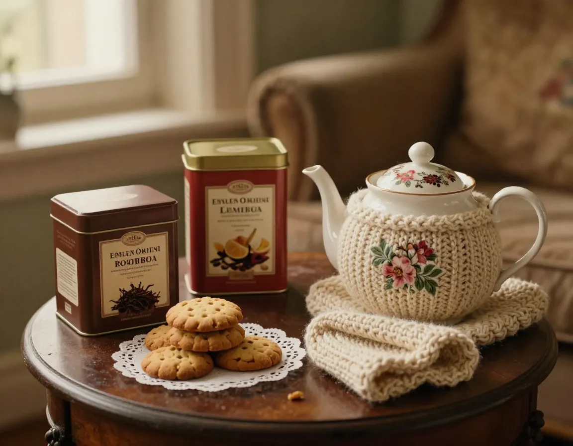 A nostalgic comfort display with classic ginger rooibos teas knitted cozy teapot shortbread
