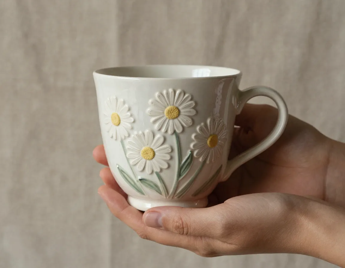 Hand painted artisan ceramic mug with textured floral raised daisies design