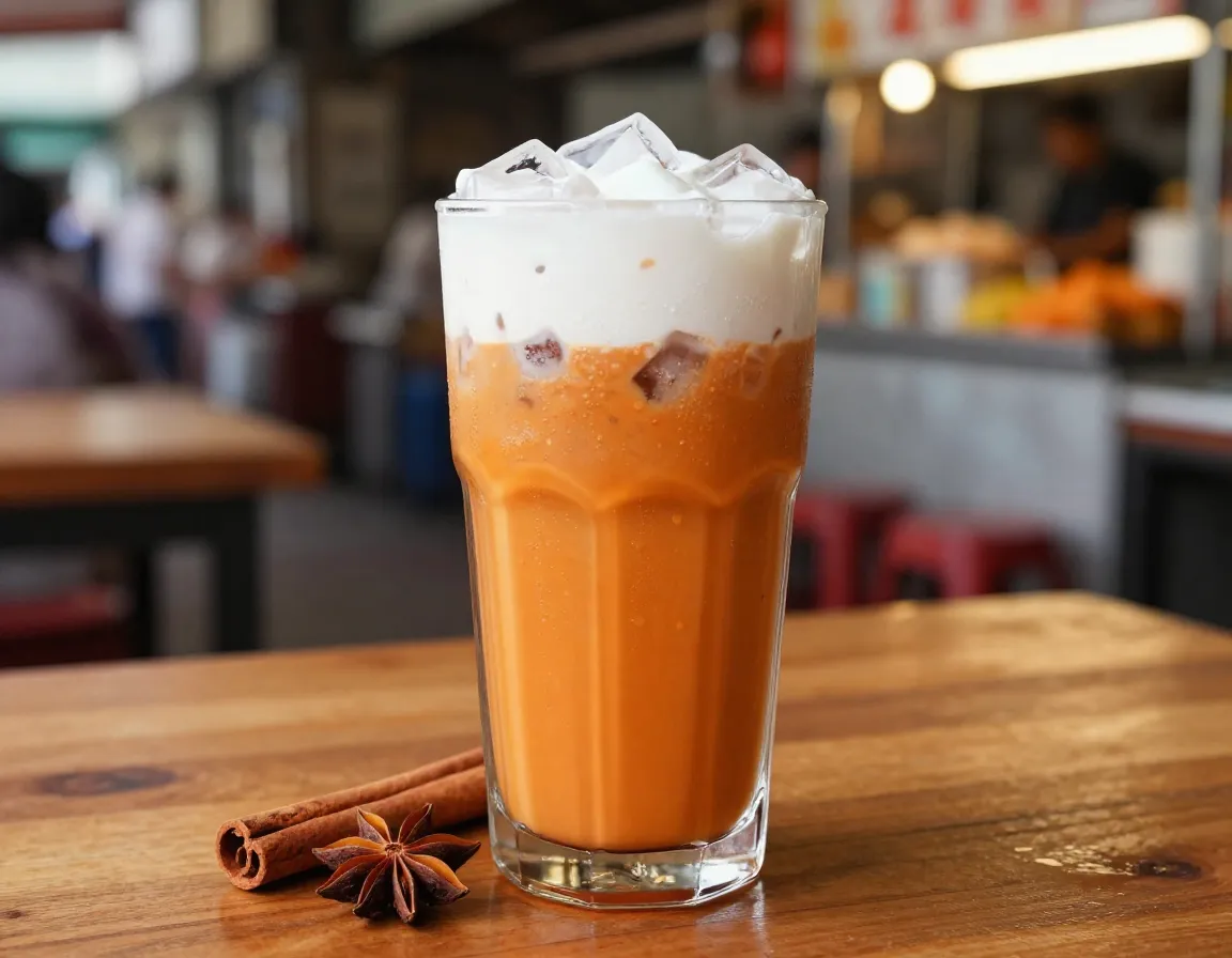 Vibrant thai iced chai with a layered milk topping in a tall glass