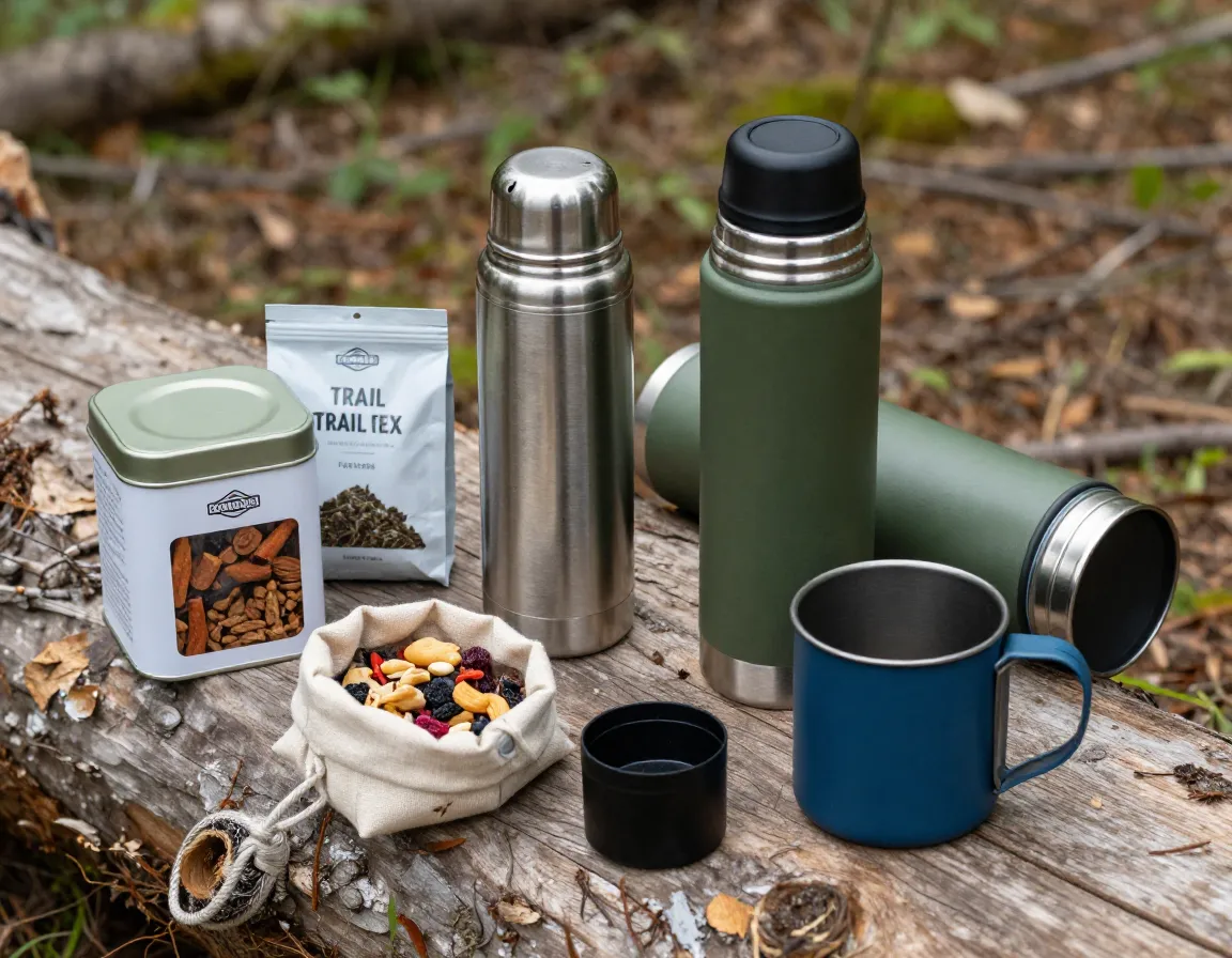 An outdoor adventure kit with cinnamon ginger tea portable infuser thermos trail mix