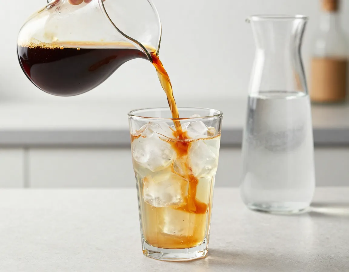 Cold brew concentrate diluted water glass ice cube final drink