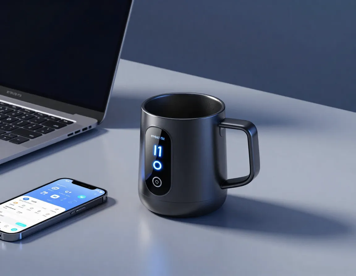 Ember smart mug touchscreen temperature control on modern desk