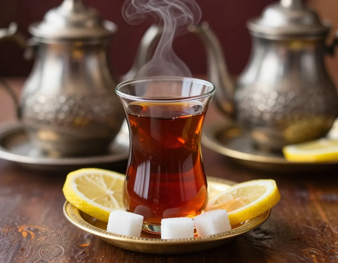 Turkish spiced tea served in a small tulip glass with sugar cubes