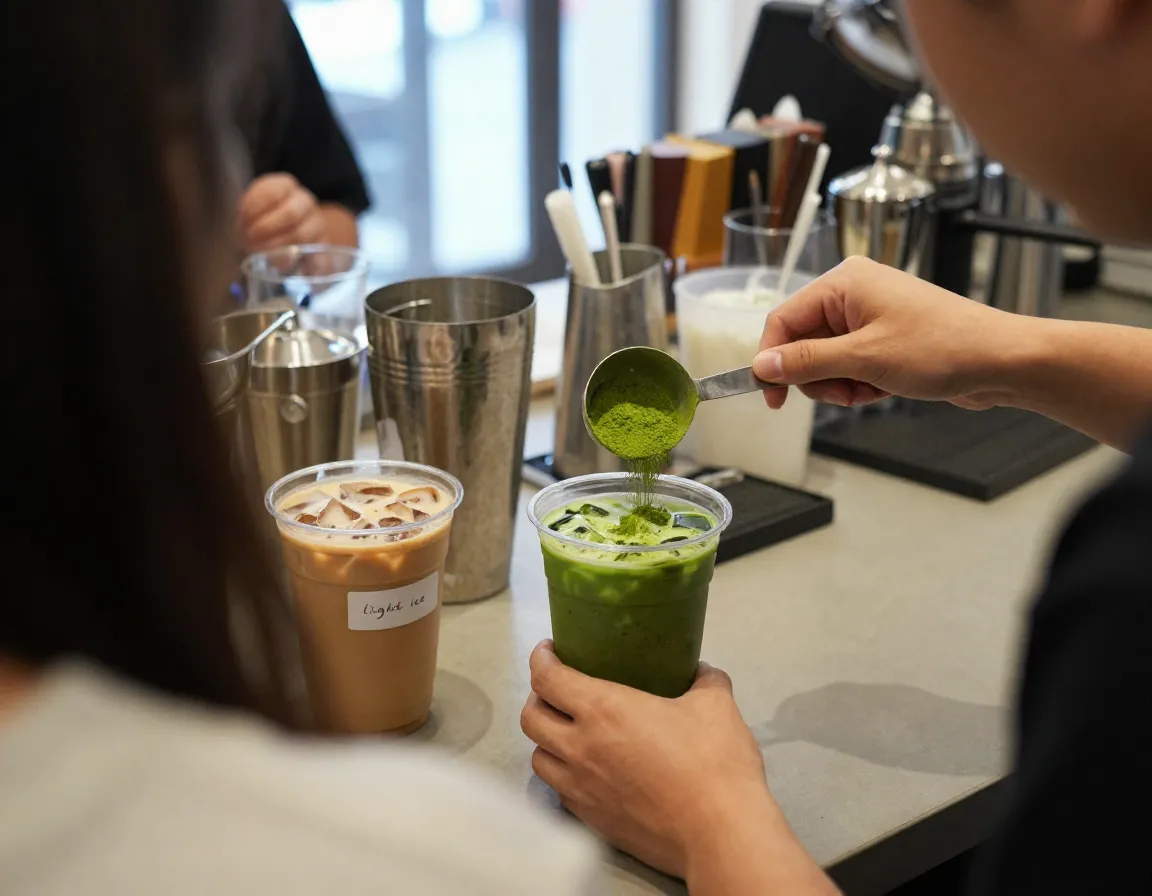 Barista adjusting matcha powder and ice levels in cup