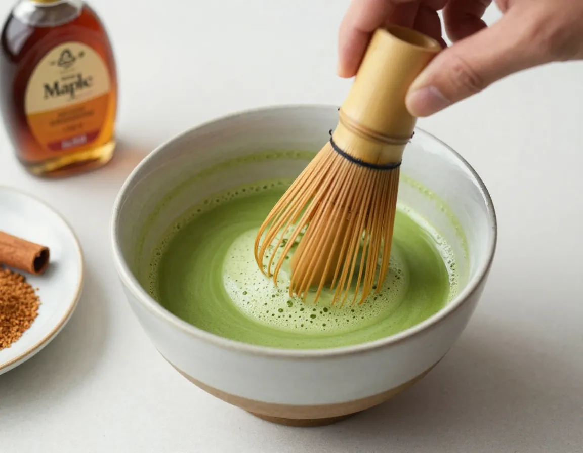Japanese matcha chai fusion being whisked in a ceramic bowl