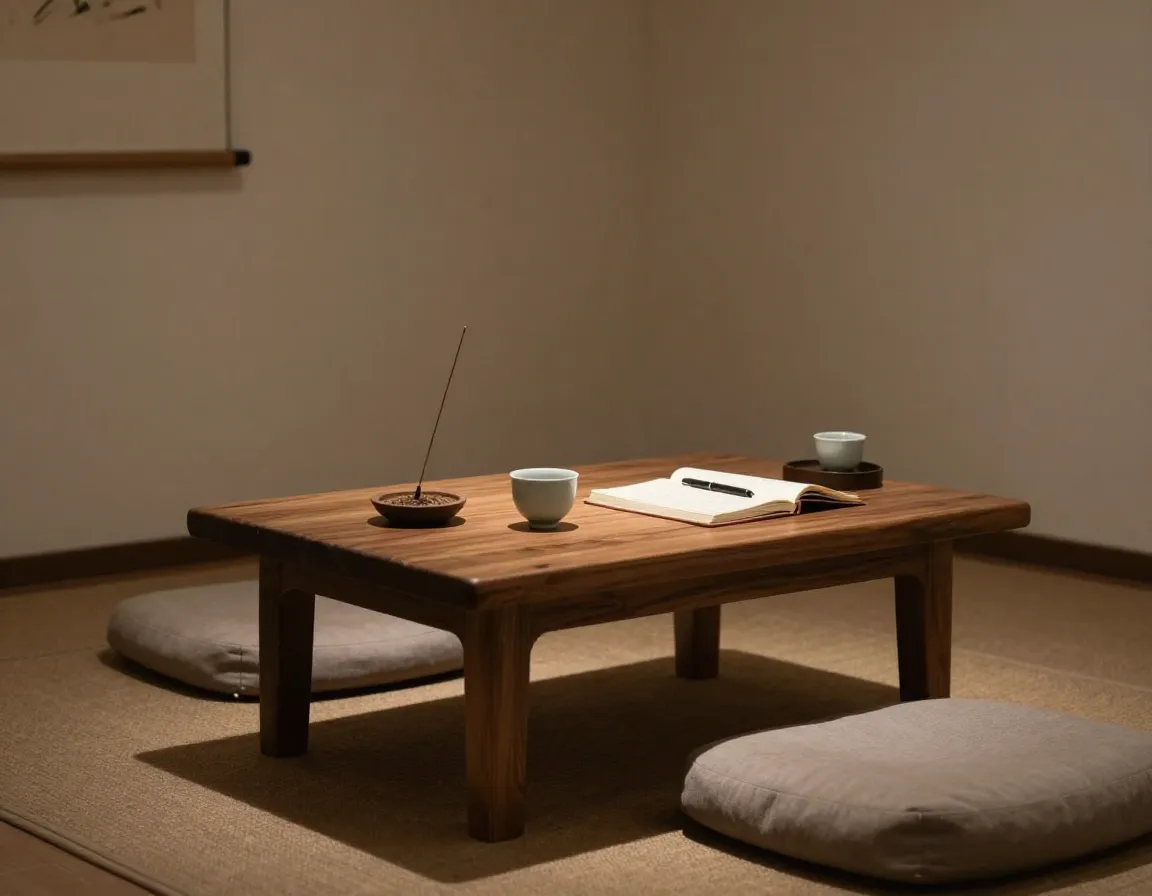 Meditation corner sanctuary low table with cup and incense