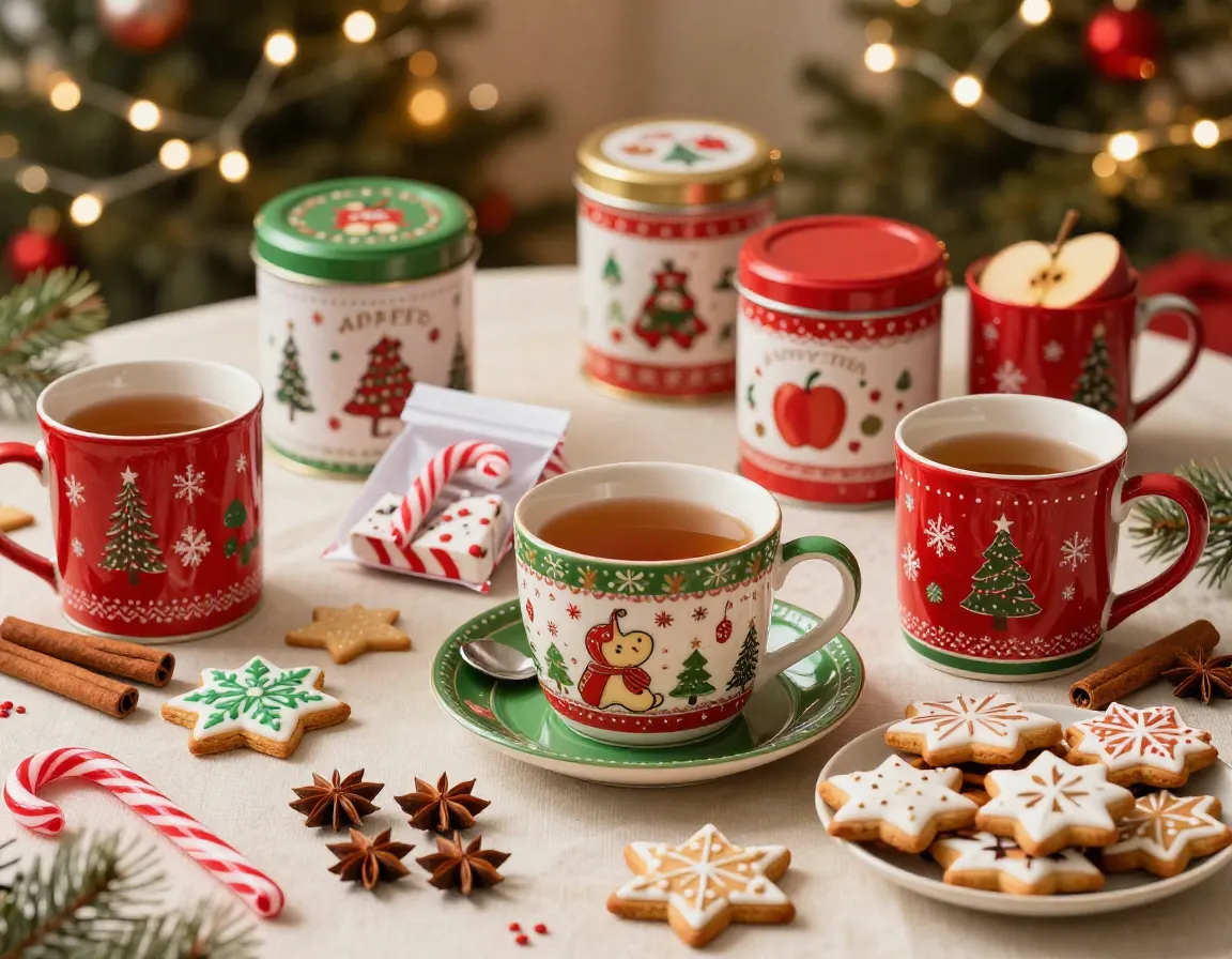 A festive holiday spread with cinnamon apple peppermint teas themed tins mugs cookies