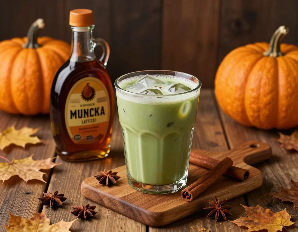 Autumn inspired pumpkin spice matcha latte with cinnamon