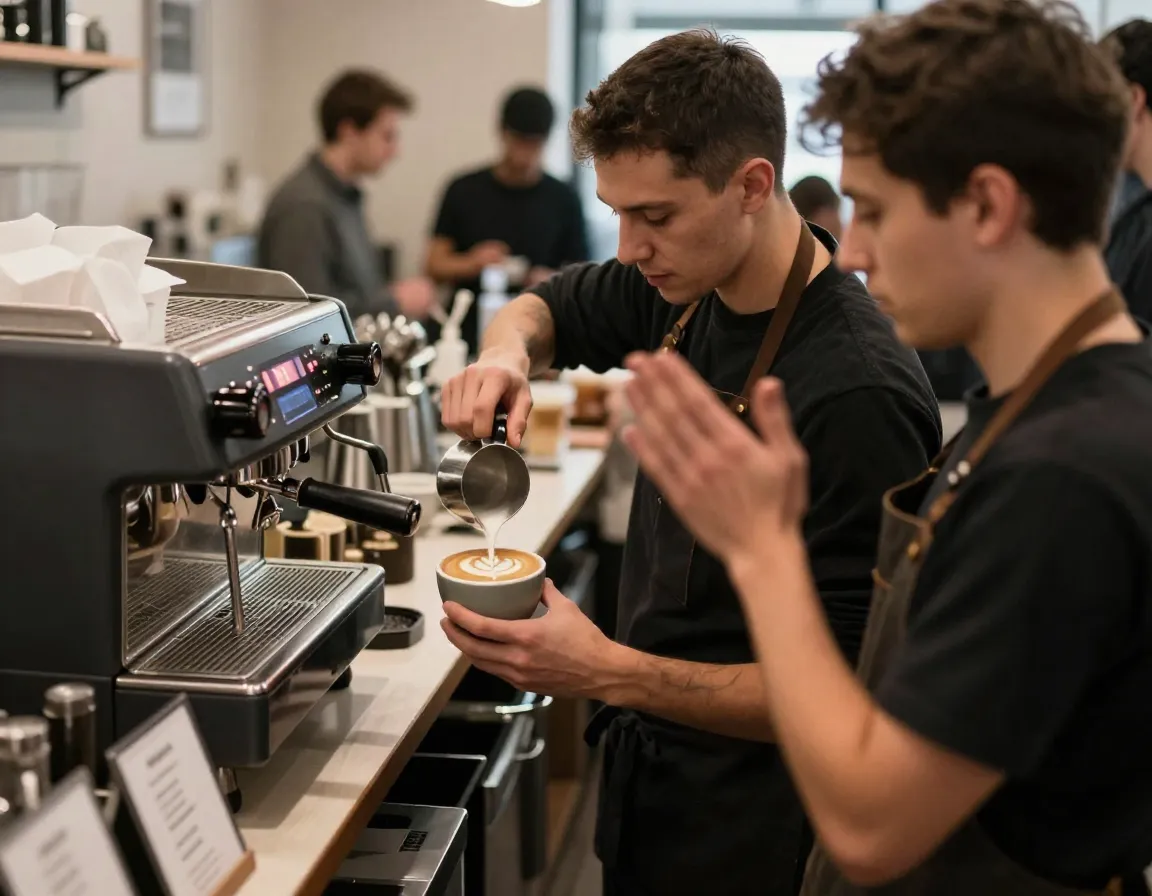 Barista multitasking taking order while pouring latte art