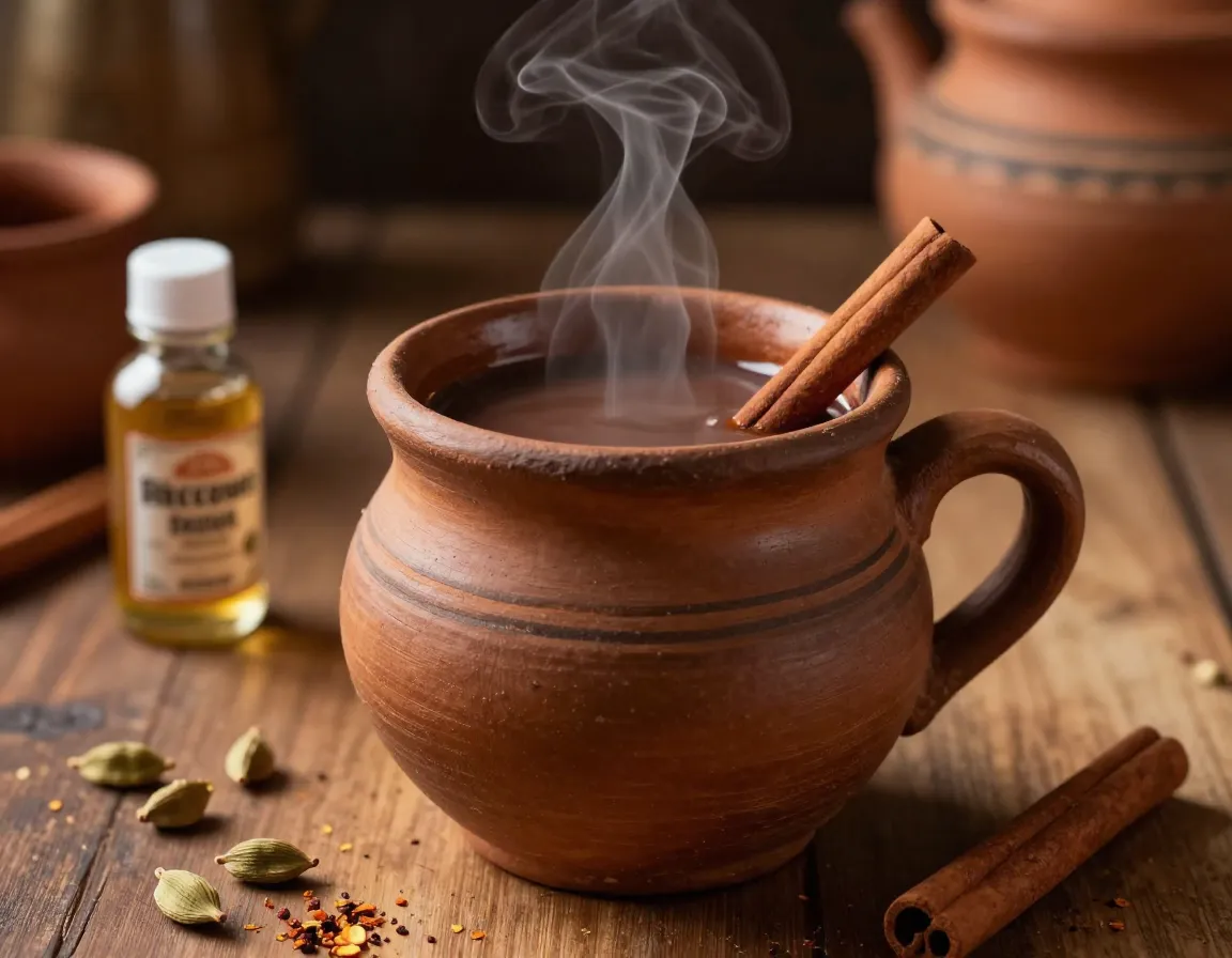 Mexican chocolate chai steaming in a clay mug with spices