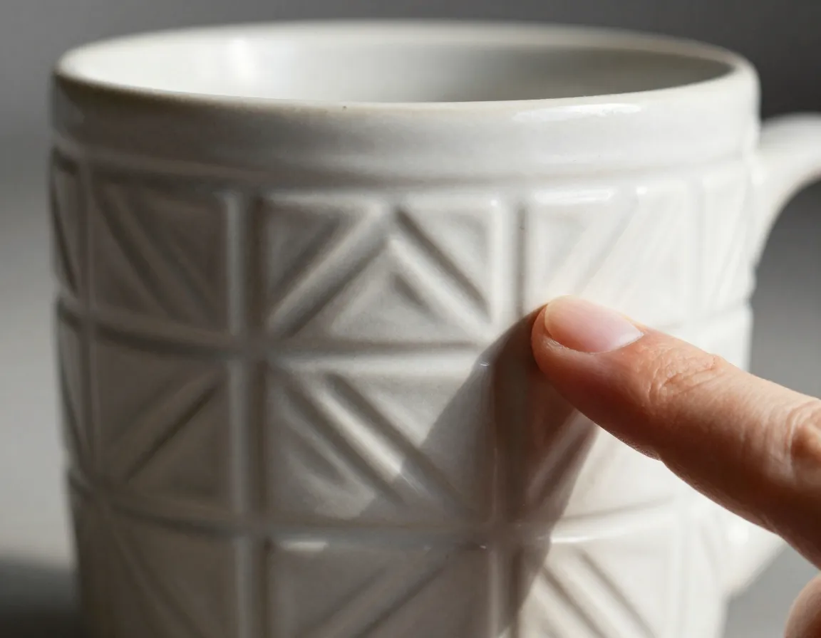 Textured ceramic mug with raised geometric patterns and tactile surface