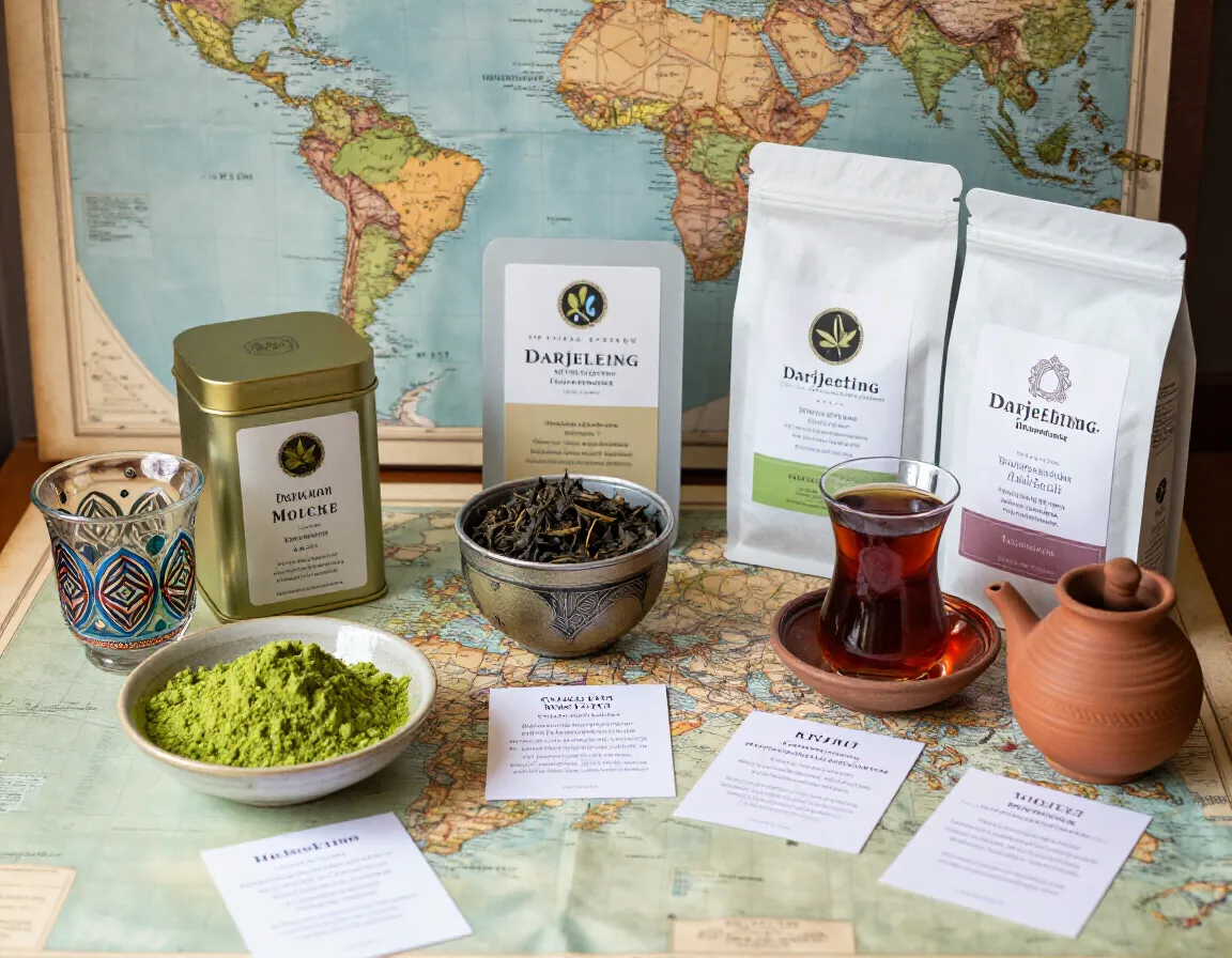 A worldly tea collection with matcha oolong darjeeling teas cultural accessories cards