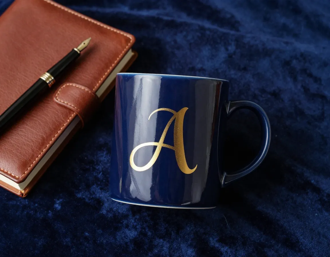 Elegant personalized monogram mug with gold foil initial on navy blue