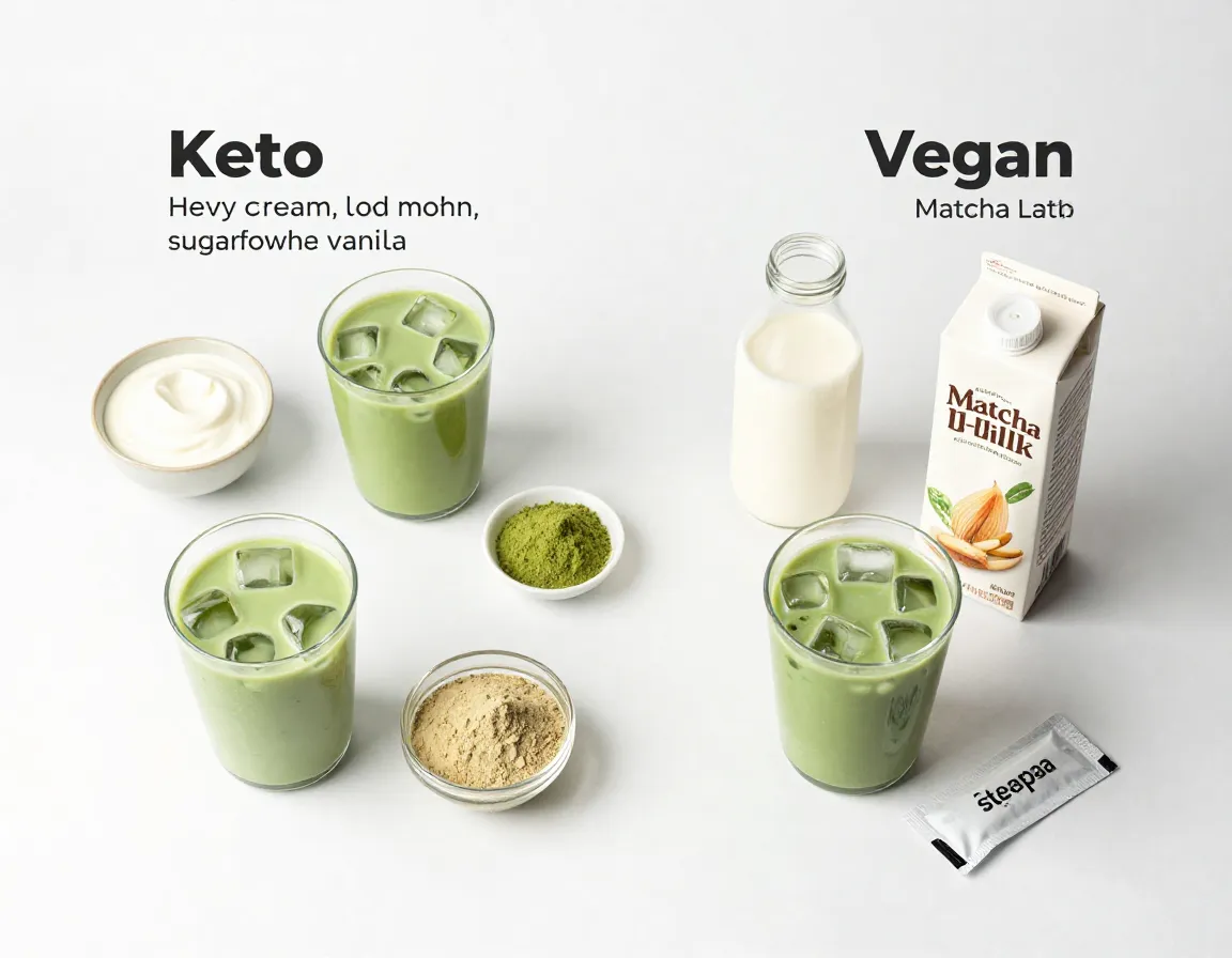 Keto and vegan iced matcha latte options with ingredients