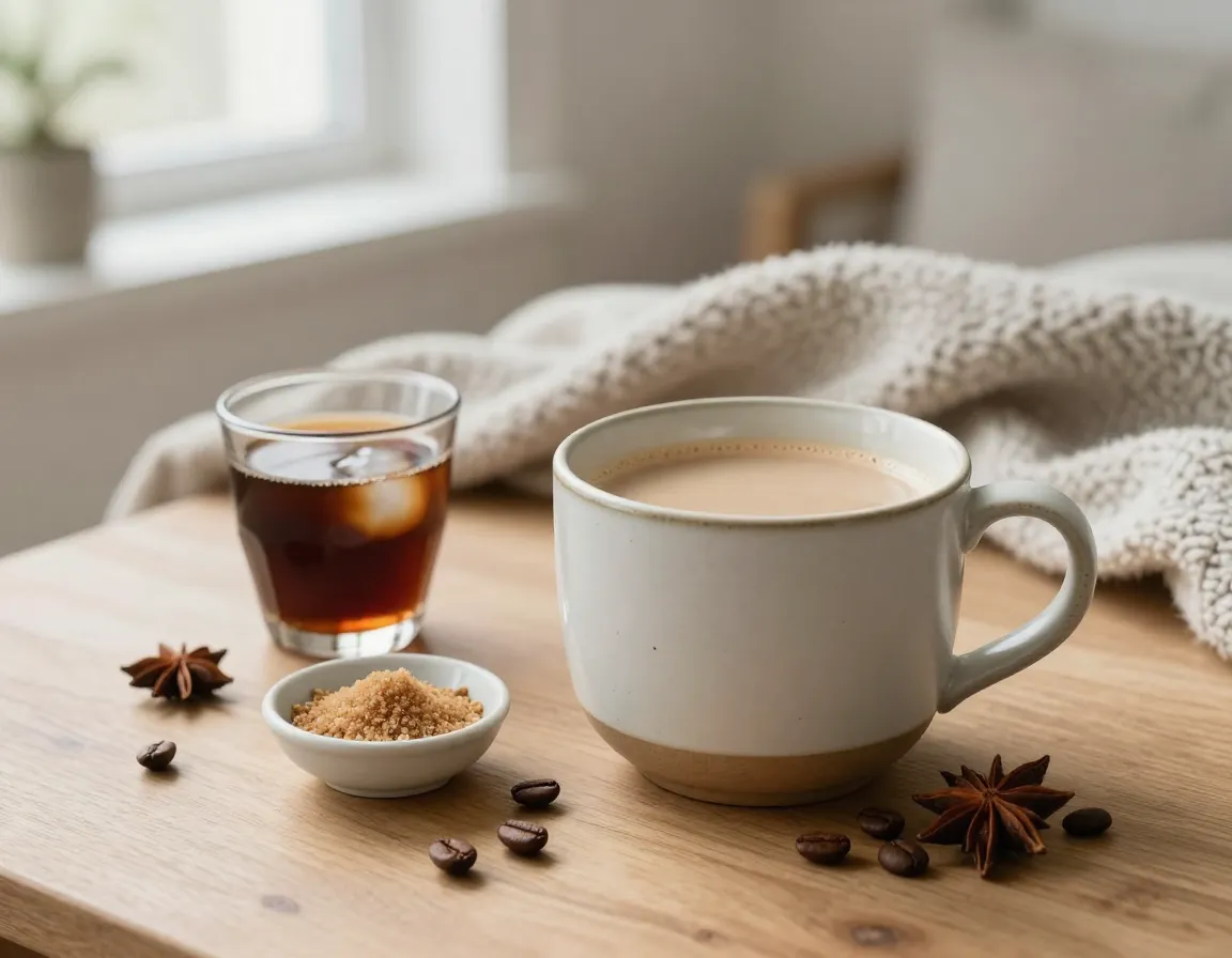 Scandinavian cardamom chai in a ceramic mug with coffee beans