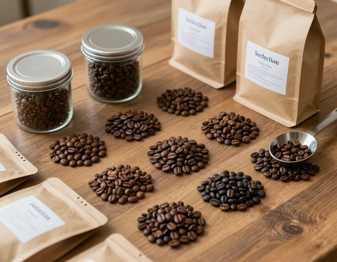 Selection single origin coffee beans medium dark roast freshness