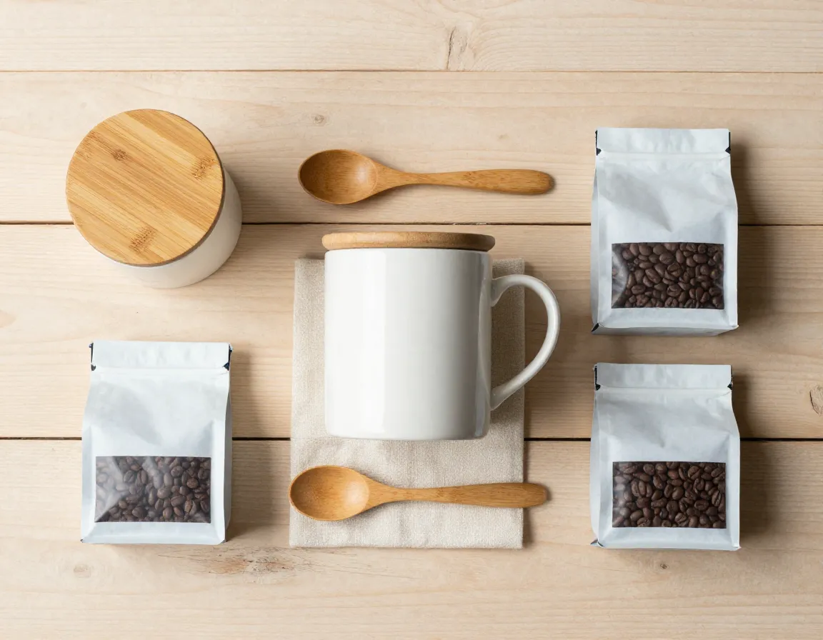 Combination gift set mug with bamboo lid spoon and coffee samples