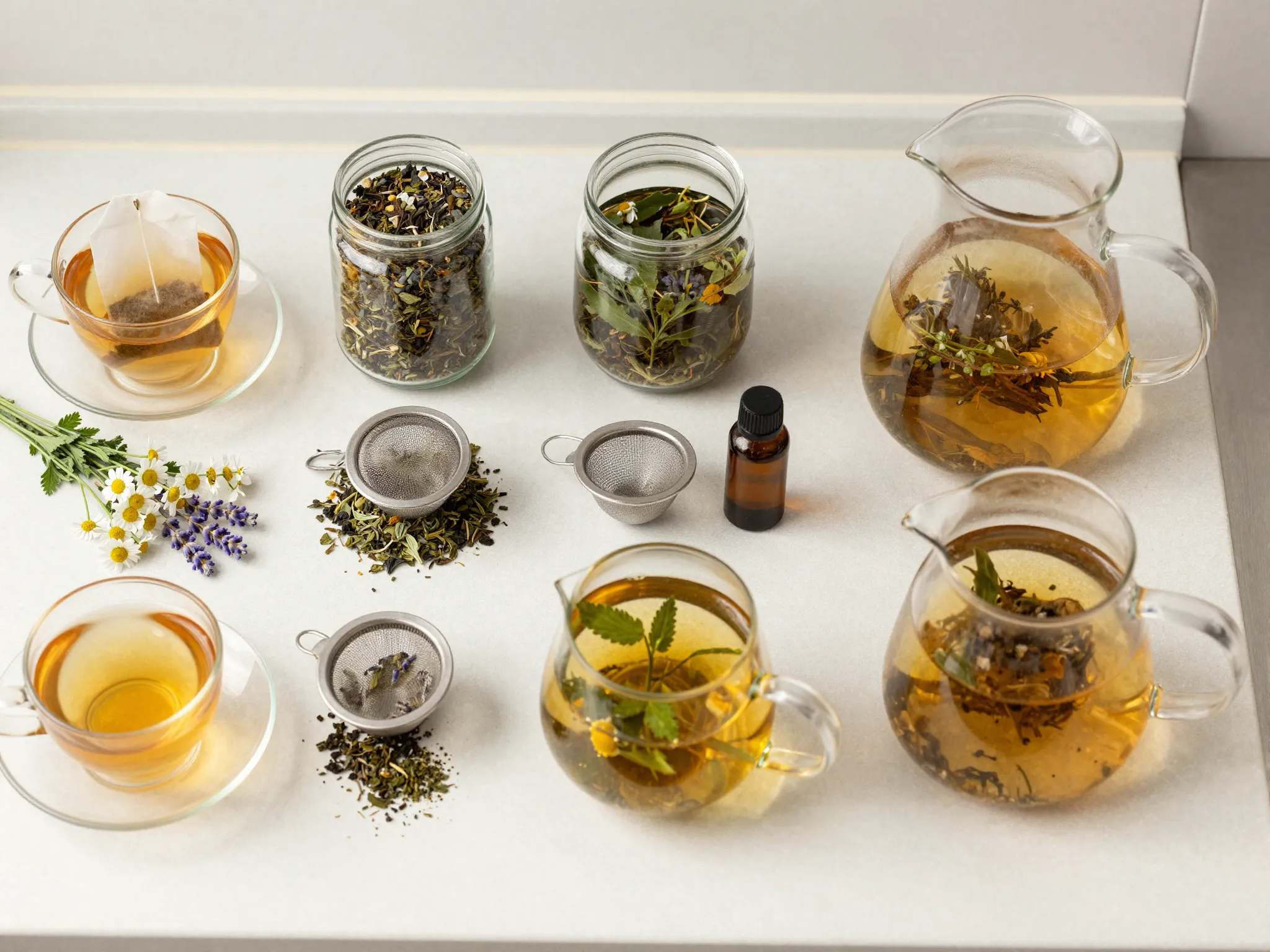 Versatile array of tea preparation methods laid out on a kitchen counter